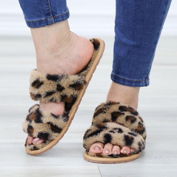 Leopard Tan Puff Fuzzy Fluffy Slip On Plush Slippers Double Strap - Picture 13 of 16